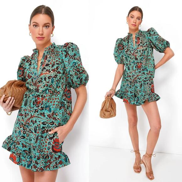 Ulla Johnson Tops - Ulla Johnson Top Jade Imari Dress Blouse Floral Blue Green Short Puff Sleeve 6 M